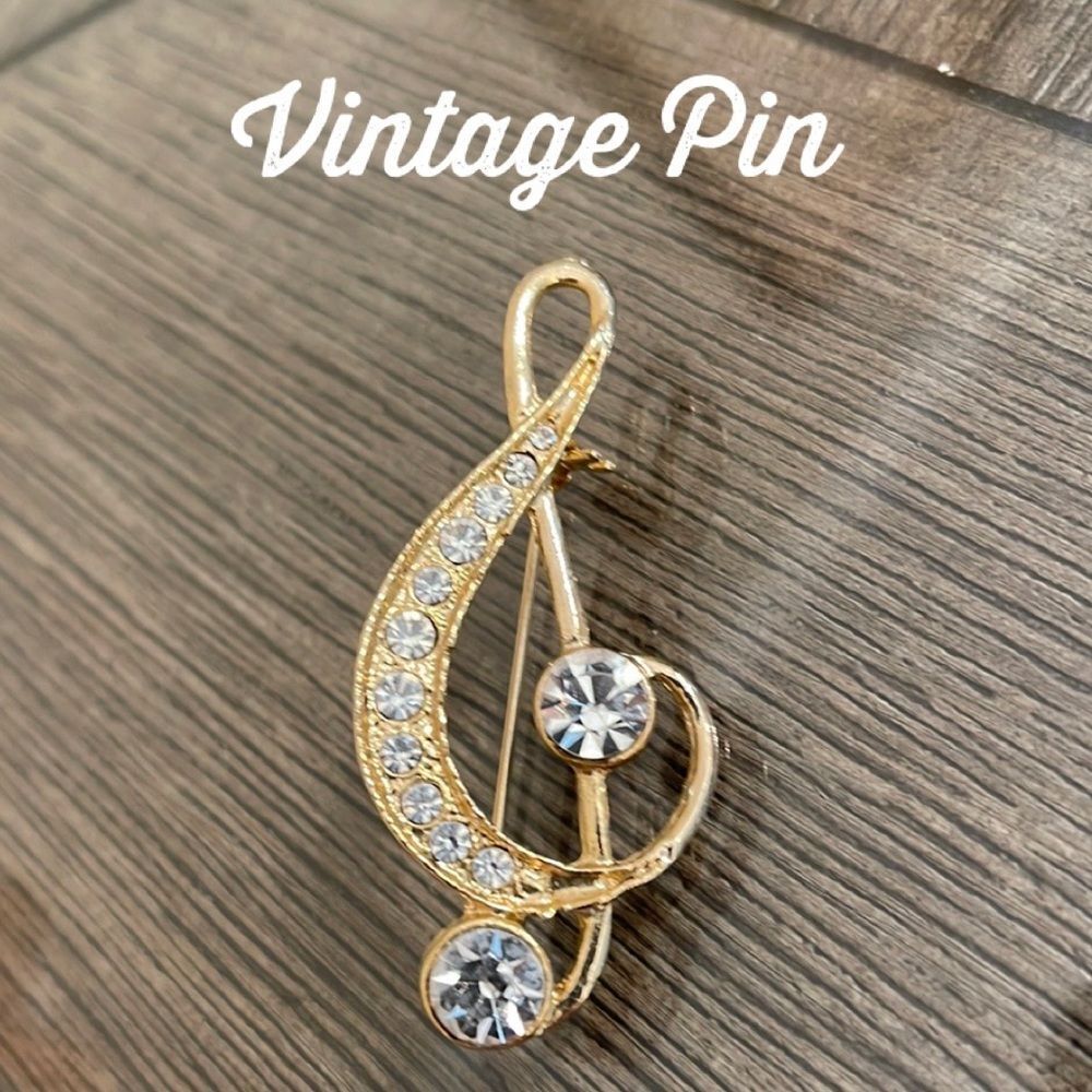 Vintage Treble Clef Rhinestone Pin, Gokd-tone